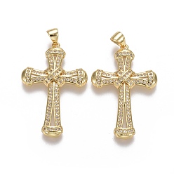 Real 18K Gold Plated Brass Micro Pave Cubic Zirconia Pendants, Cross, Clear, Real 18K Gold Plated, 34.5x22x3.5mm, Hole: 3.5x5mm