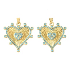 Real 18K Gold Plated Brass Micro Pave Sky Blue Cubic Zirconia Pendants, Heart Charms, Rack Plating, Long-Lasting Plated, Cadmium Free & Lead Free, Real 18K Gold Plated, 31x30x2mm, Hole: 5x3.5mm