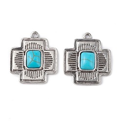 Antique Silver Synthetic Turquoise Pendants, with Alloy Findings, Cross Charms, Antique Silver, 24.5x21x4.5mm, Hole: 1.5mm