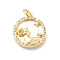 Capricorn Brass Clear Cubic Zirconia with Shell Pendants, Flat Round Charms with Constellation Pattern, Golden, Capricorn, 17x15x3mm, Hole: 3mm