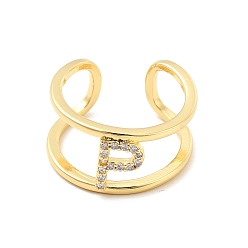 Letter P Кольцо-манжета с открытой буквой из прозрачного кубического циркония, кольцо из настоящей позолоченной латуни с двойной линией для женщин, без свинца и без кадмия, letter.p, размер США 18 (6 мм)