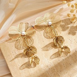 Золотой 304 серьги-гвоздики из нержавеющей стали для женщин, с пластиковой имитационной жемчужиной, цветок, золотые, 95x47.5 мм