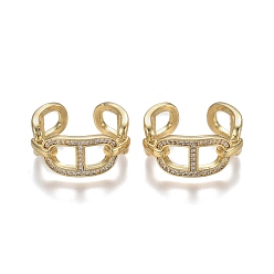 Real 18K Gold Plated Adjustable Brass Micro Pave Clear Cubic Zirconia Cuff Rings, Open Rings, Long-Lasting Plated, Oval, Real 18K Gold Plated, US Size 7(17.3mm)