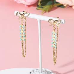 Золотой Серьги-гвоздики с кисточками из латуни и эмали, лист с бантом, золотые, 62x15 мм