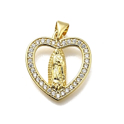 Сердце Латунные микро проложить кубического циркония подвески, Дева Мария, стойки покрытие, долговечный, без кадмия и без свинца, сердце, 19.5x18x3 мм, отверстие : 4.5x3.5 мм