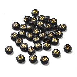Letter M Покрытие непрозрачных акриловых бисер, золотой металл обвитыми, плоские круглые с буквы, Буква М, 7x3.5 мм, отверстие : 1.2 мм, Около 3846 шт / 500 г