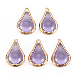 Lilac Transparent Glass Pendants, with Brass Findings, Teardrop, Light Gold, Lilac, 19x12x8mm, Hole: 1mm