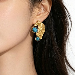 Golden 304 Stainless Steel Stud Earrings for Women, with Turquoise, Leaf, Golden, 33x21.5mm