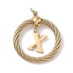 Letter X 304 подвески из нержавеющей стали, скрученный плоский круглый с буквой, ионное покрытие (ip), реальный 18 k позолоченный, с соединительными кольцами и 201 бусинами из нержавеющей стали, Письмо X, 27x23.5~24x6 мм, отверстие : 3 мм