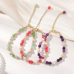 (52) Непрозрачная лаванда Регулируемые браслеты из бусин натурального кварца и пресноводного жемчуга, с 304 из нержавеющей стали Lobster Claw застежками, разноцветные, 7.68 дюйм (19.5 см)