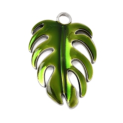 Platin Farbe 304 Edelstahl Anhänger, mit Emaille, Monstera Blatt Charms, Platin Farbe, 27x18x2 mm, Bohrung: 2.5 mm