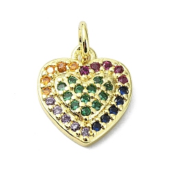 Настоящее золото 18K Латунные микро-паве красочные кубические циркониевые подвески, без кадмия, без никеля и без свинца, с целью перехода в кольце, сердце прелести, реальный 18 k позолоченный, 13x11x2.5 мм, отверстие : 3 мм