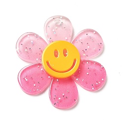 Pale Violet Red Gradient Color Transparent Acrylic Pendants, with Sequins, Sunflower with Smiling Face Charm, Pale Violet Red, 30x27x4mm, Hole: 1.6mm