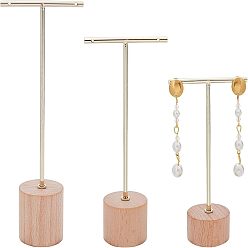 Золотой Дисплей железа серьги стоит, с деревянным основанием, плоско-круглые, золотые, 39x70x117 мм