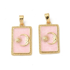 Pink Латунь эмаль подвески, прямоугольник с солнцем и луной, реальный 18 k позолоченный, розовые, 20x12x2 мм, отверстие : 4x3 мм