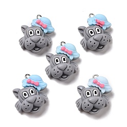 Dark Gray Opaque Resin Pendants, with Platinum Tone Iron Loops, Wolf, Dark Gray, 27x24x10.5mm, Hole: 2mm