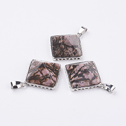 Родонит Природные подвески родонит, с латунной найти, пирамида, платина, 28.5x32x13 мм, отверстие : 3.5x6 мм