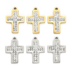 Mixed Color 201 Stainless Steel Pendants, with Polymer Clay Crystal Rhinestone, for Religion, Cross, Mixed Color, 19x13x2~3mm, Hole: 1.6mm