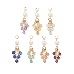 Смешанные камни 7шт. 7 стили подвесок из натуральных смешанных драгоценных камней с жемчугом, Граненые круглые подвески-кисточки с фурнитурой из нержавеющей стали, золотые, 304 мм, Соединительное кольцо: внутренний диаметр 35x11x6мм: 5.5x1мм, 3 шт / стиль