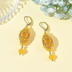 Malaysia Jade Natural Malaysia Jade Leveback Earrings for Women, Oval, with Glass Seed, 304 Stainless Steel Leverback Earrings for Women, Real 18K Gold Plated, 54x13.5mm