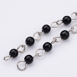 Black Stone Handmade Black Stone Beaded Chains, Unwelded, for Necklaces Bracelets Making, with Iron Eye Pin, Platinum, 39.37 inch, 1m/strand