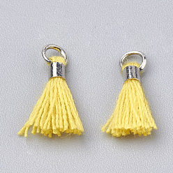Желтый Кулон с кисточкой из поликоттона (полиэстер), мини-кисточка, с латунными застежками и железными кольцами, платина, желтые, 10~15x3~4 мм, отверстие : 2 мм