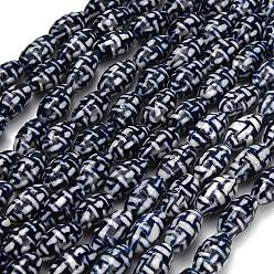 Midnight Blue Handmade Porcelain Beads Strands, Blue and White Porcelain, Oval with Geometry, Midnight Blue, 17~18x9.5~10.5mm, Hole: 1.6mm, about 20pcs/strand, 13.90''~14.02''(35.3cm~35.6cm)