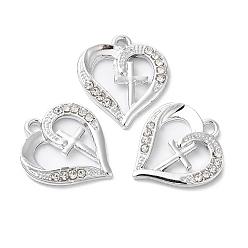 Platinum Rack Plating Alloy Crystal Rhinestone Pendants, Heart with Cross Charms, Platinum, 20x17.5x2.5mm, Hole: 1.5mm