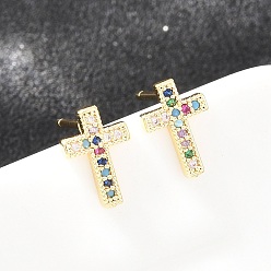 Разноцветный Латунные микро проложить серьги стержня кубического циркония, крестик, долговечный, стойки покрытие, без свинца и без кадмия, реальный 18 k позолоченный, красочный, 11x7 мм