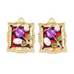 Темная Орхидея Подвески из эмали и сплава, с ABS имитации жемчуга, без кадмия, без никеля и без свинца, стойки покрытие, прямоугольник с цветочной подвеской, золотые, темные орхидеи, 25.5x19x5 мм, отверстие : 2 мм