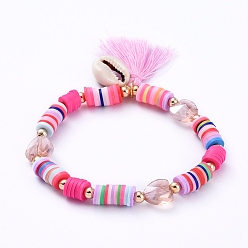 Pink Stretch Charm Bracelets, with Polymer Clay Heishi Beads, Cotton Thread Tassels, Cowrie Shell Beads, Heart Glass Beads and Brass Round Beads, Pink, 2-1/8 inch(5.4cm)