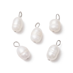 Нержавеющая Сталь Цвет Натуральные культивированные пресноводные жемчужные рисовые подвески, с 304 петлями из нержавеющей стали, цветочный белый, цвет нержавеющей стали, 13.5~14x7 мм, отверстие : 2.5 мм