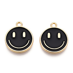 Black Light Gold Tone Alloy Enamel Pendants, Flat Round with Smiling Face Charms, Black, 19x16x1.5mm, Hole: 1.8mm