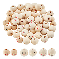 Old Lace 60Pcs 3 Style Maple Wood European Beads, Large Hole Beads, Undyed, Round with Printed Smiling Face, Old Lace, 15~18mm, Hole: 4~5mm, 20pcs/style