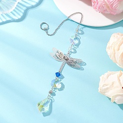 Dragonfly Стеклянные каплевидные подвесные ловцы солнца, Латунные подвески с кристаллами и стразами для украшения сада и огорода., фурнитура из нержавеющей стали , платина, стрекоза, 270 мм