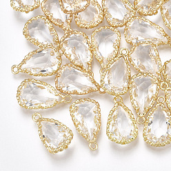 Прозрачный Стеклянные подвески, с латунной фурнитурой , граненые, слеза, золотые, прозрачные, 19x11x5.5 мм, отверстие : 1.5 мм