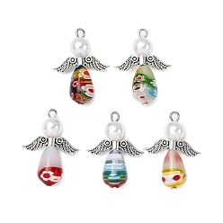 Античное Серебро Стеклянные подвески миллефиори, ангел, с крылом из сплава и бусинами из АБС-пластика, имитирующими жемчуг, и железной петлей, античное серебро, 29.5~30x22~22.5x9.5 мм, отверстие : 2.4~2.8 мм