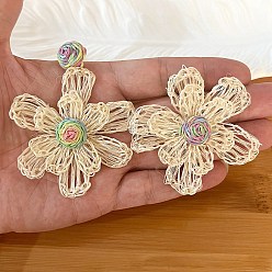 Разноцветный Серьги-гвоздики из богемской рафии с льном, полукруглый с цветком, красочный, 75x60 мм