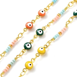 Mixed Color Evil Eyes Brass Ename Link Chains, with Glass Beads, Real 18K Gold Plated, Soldered, with Spools, Long-Lasting Plated, Mixed Color, 4.5x4.5x4mm