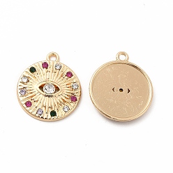 Colorful Rack Plating Eco-friendly Alloy Rhinestone Pendants, Flat Round with Eye Charm, Colorful, 18x15x2.5mm, Hole: 1.5mm
