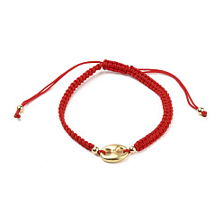 Red Adjustable Nylon Thread Braided Bead Bracelets, Red String Bracelets, with Oval Alloy Links and Round Brass Beads, Golden, Red, Inner Diameter: 2-1/4~3-3/4 inch(5.7~9.5cm)