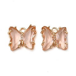 Персиковый Слойка Латунь со стеклянными подвесками, без кадмия, без никеля и без свинца, бабочка, розовые, 10x12x4 мм, отверстие : 1.2 мм