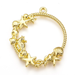 Золотой Стойки из пластика с открытыми задними подвесками, для diy уф смолы, эпоксидная смола, Прессованные цветочные украшения, без кадмия, без никеля и без свинца, плоский раунд с морским коньком и морской звездой / морскими звездами, золотые, 41x35.5x3.5 мм, отверстие : 2 мм