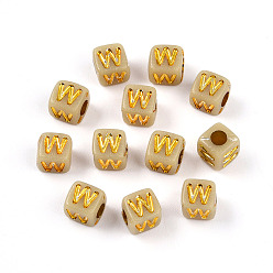 Letter W Покрытие акриловыми шариками, куб с письмом, золотой металл обвитыми, Буква W, 4.5x4.5x4.5 мм, отверстие : 2 мм, Около 6250 шт / 500 г