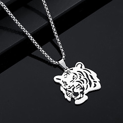 Тигр Хип-хоп стиль, тема животных 304 ожерелья с подвесками из нержавеющей стали, цвет нержавеющей стали, не тускнеет, тигр, 23.62 дюйм (60 см), Кулон : 34x34 мм