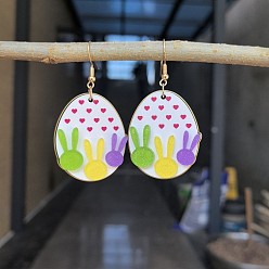 Разноцветный Пасхальные акриловые серьги-подвески, овальные с кроликом, платина, красочный, 62x32 мм