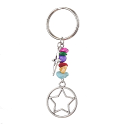 Flat Round Tibetan Style Alloy Keychain, with Dyed Synthetic Turquoise Beads Strands, Iron Split Key Rings, Star with Flat Round, Flat Round, 8.2cm, Flat Round: 56x23.5x7mm