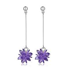 Indigo Eco-Friendly Brass Micro Pave Cubic Zirconia Dangle Stud Earring, Cadmium Free & Lead Free & Nickel Free, Flower, Platinum, Indigo, 46x13mm