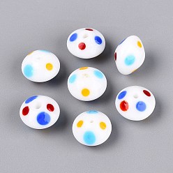 White Handmade Lampwork Beads, Flying Saucer with Polka Dot, White, 13~15x9~10.5mm, Hole: 0.8~1.8mm, about 50pcs/strand, 16.93~18.90 inch(43~48cm)