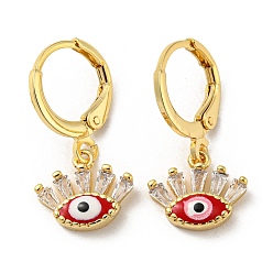 FireBrick Real 18K Gold Plated Brass Dangle Leverback Earrings, with Enamel and Glass, Evil Eye, FireBrick, 23x11.5mm